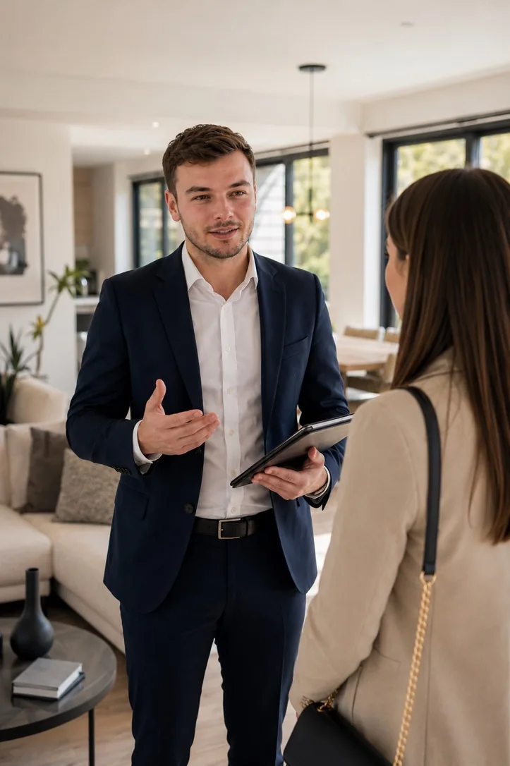 Laurens Gerber, Immobilienmakler Essen, im Gespräch mit einer Kundin